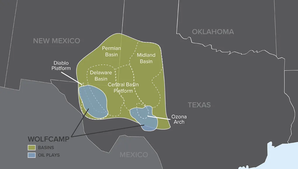 Map showing the location and extent of the Wolfcamp Shale oil and gas formation across parts of Texas and New Mexico. The map highlights areas including Midland Basin, Delaware Basin, and Apache High.