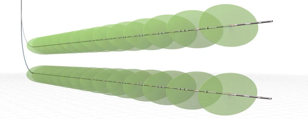 Diagram showing the light distribution pattern of two different types of LED streetlights, illustrating the spread and intensity of illumination.