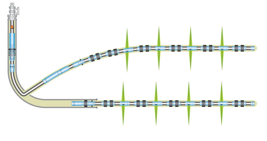 Diagram of a flexible, segmented fiber optic cable with multiple connection points, illustrating signal transmission along its length.