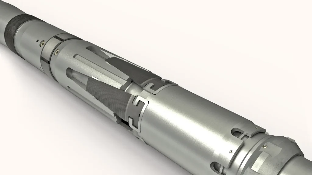 Cutaway view of a metallic industrial downhole tool used in oil and gas drilling operations.
