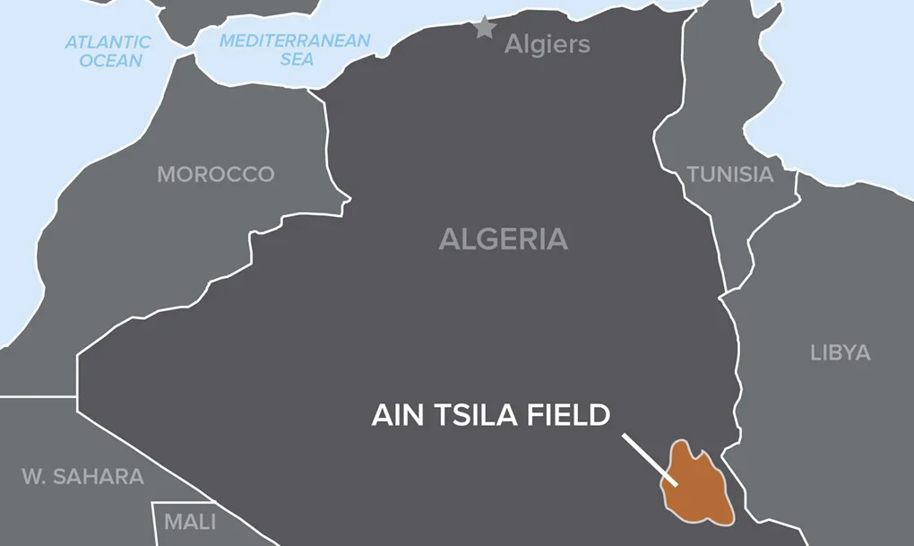 Map highlighting the Ain Tsila gas field location in southeastern Algeria.