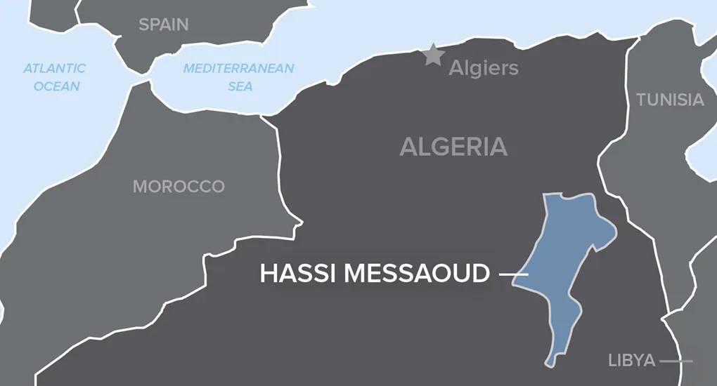 Map highlighting the location of Hassi Messaoud in eastern Algeria, near major cities and neighboring countries.