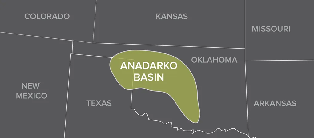 Map highlighting the Anadarko Basin region spanning parts of Oklahoma and Texas in the central United States.