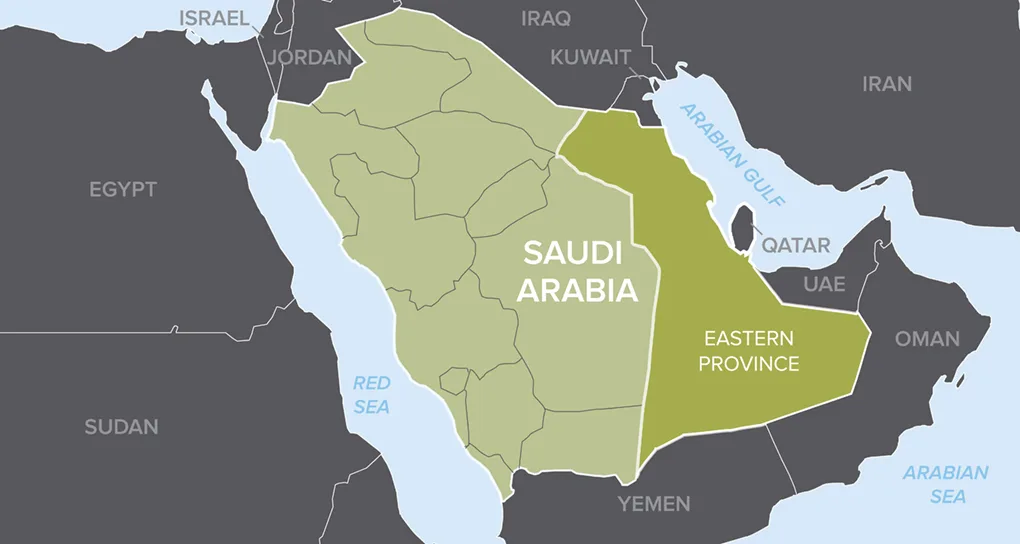 Map highlighting Saudi Arabia and its Eastern Province within the Middle East region.