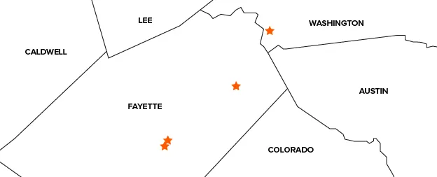 Map highlighting locations within a region showing Caldwell, Lee, Fayette, Washington, Austin, and Colorado counties.