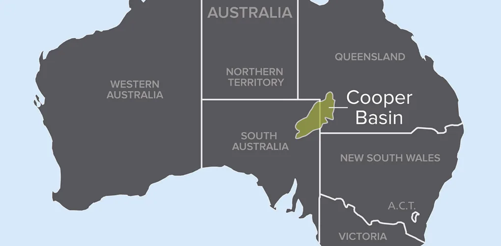 Map highlighting the location of Cooper Basin in southeastern Australia, spanning parts of Queensland and South Australia.