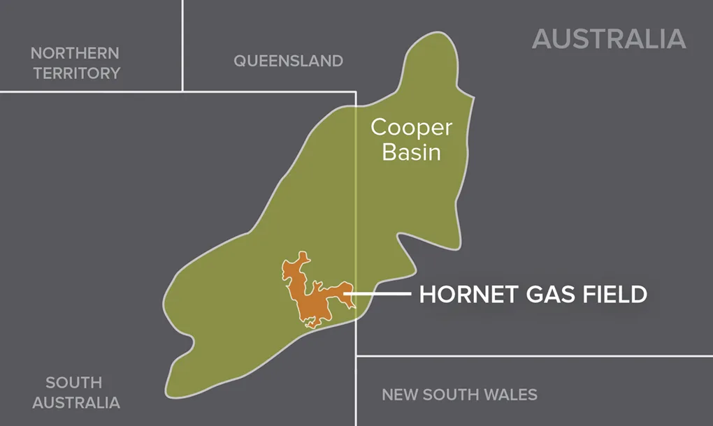 Map highlighting the Cooper Basin and Hornet Gas Field area spanning parts of Queensland and South Australia in Australia.