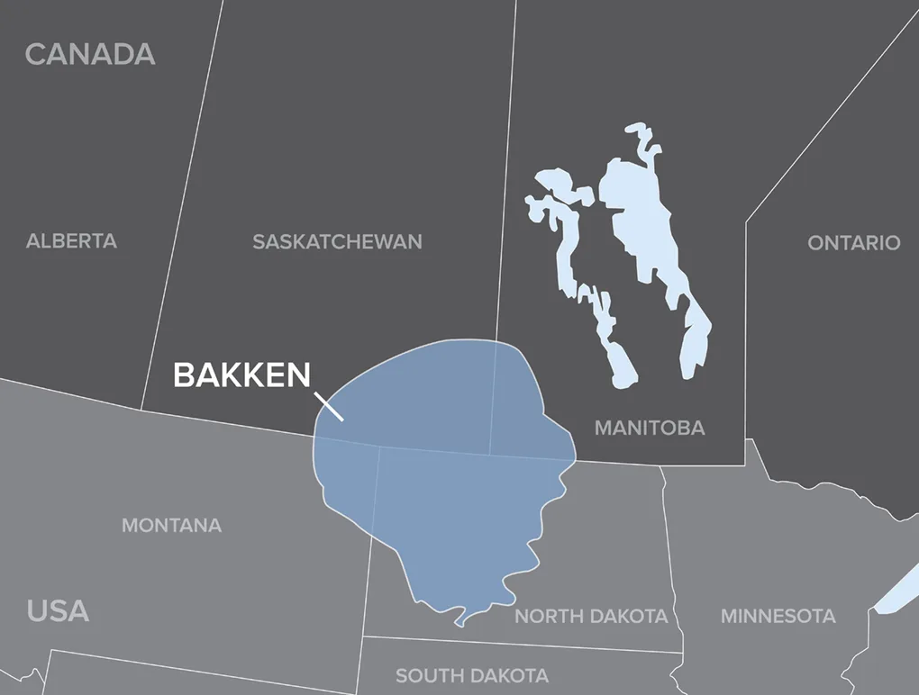 Map highlighting the Bakken oil formation spanning parts of Montana, North Dakota, and Saskatchewan.