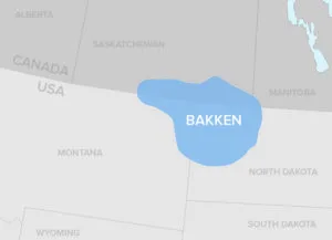 Map highlighting the Bakken oil formation spanning parts of Montana and North Dakota in the United States.