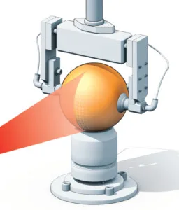 Close-up illustration of a robotic arm using a laser to inspect or process an orange spherical object.