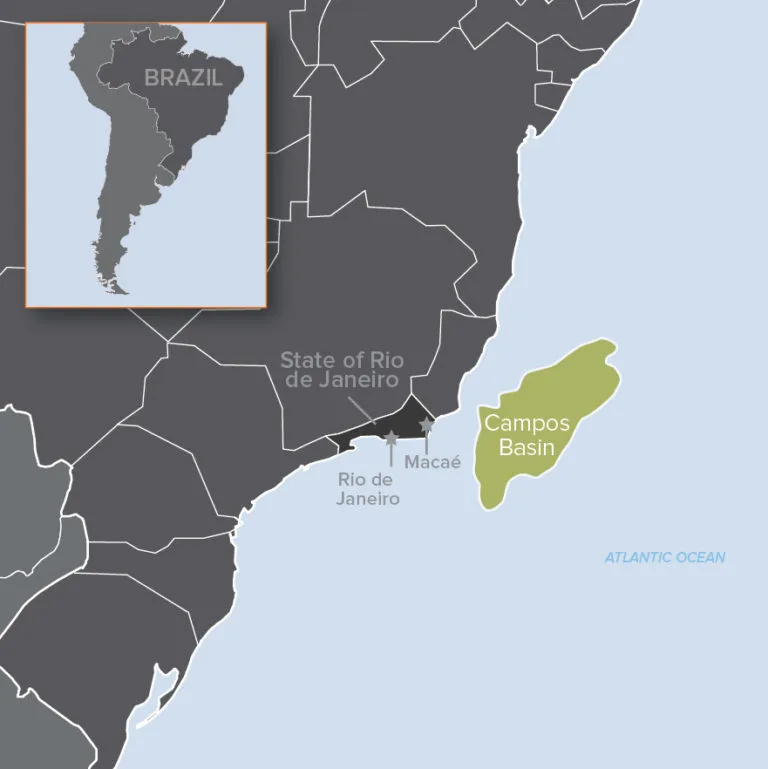 Map highlighting the Campos Basin off the coast of Rio de Janeiro, Brazil, in the Atlantic Ocean.