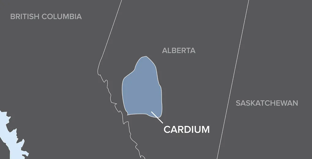 Map highlighting Cardium formation located in Alberta, Canada, bordered by British Columbia and Saskatchewan.