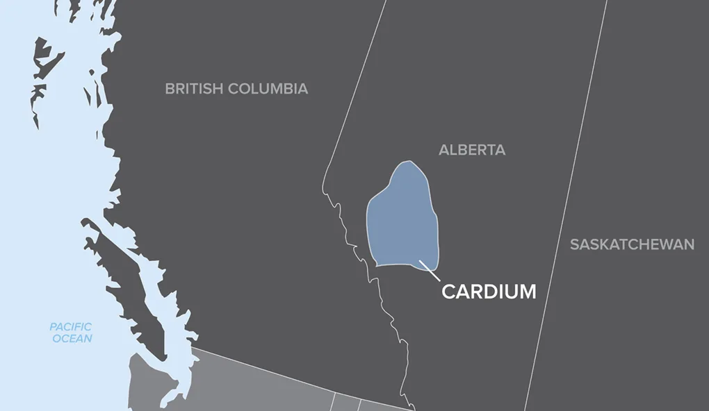 Map highlighting Cardium formation located in Alberta, Canada, showing surrounding provinces British Columbia and Saskatchewan.