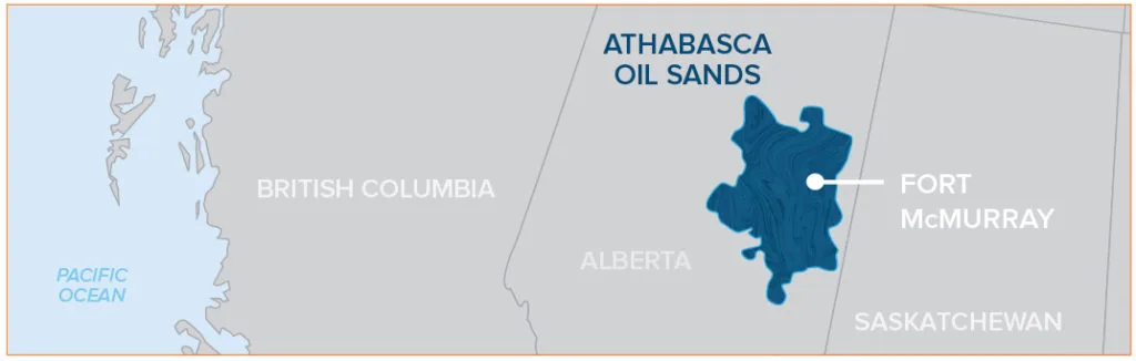 Map highlighting the Athabasca Oil Sands region in northeastern Alberta, Canada, with nearby locations including Fort McMurray and neighboring provinces Alberta and Saskatchewan.