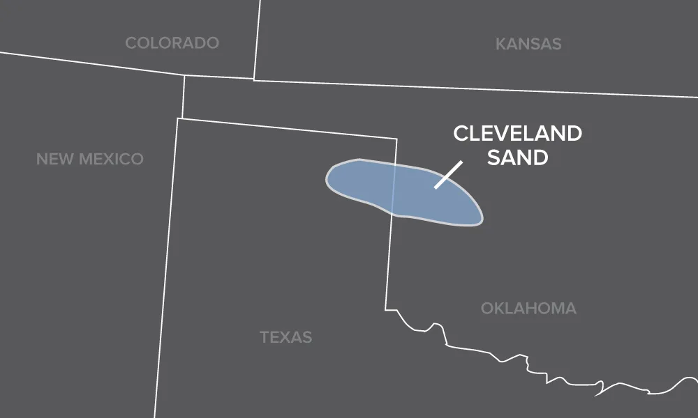 Map highlighting the Cleveland Sand formation spanning parts of Oklahoma and Texas.