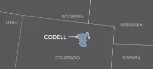 Map highlighting Codell, a location situated in northeastern Colorado near the borders of Nebraska and Kansas.