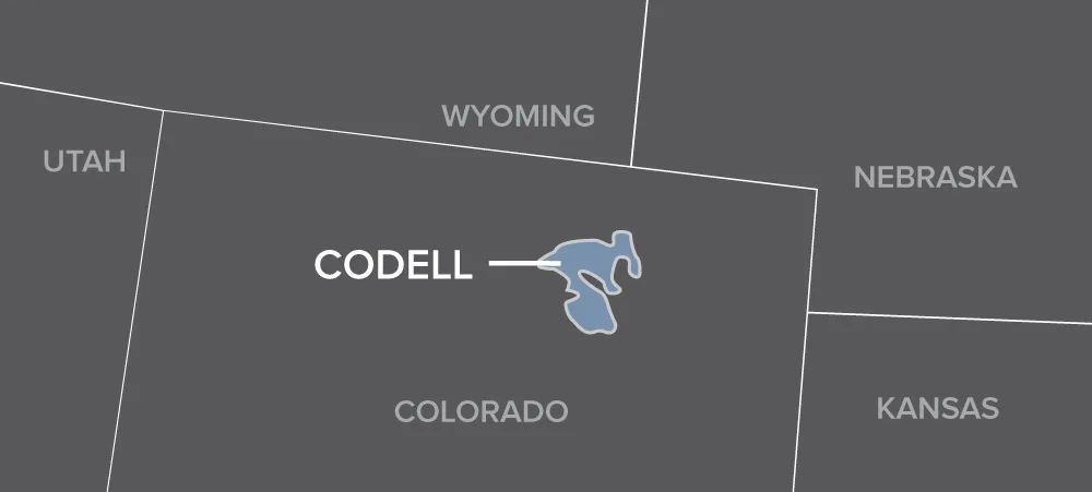 Map highlighting the location of Codell in northeastern Colorado, near the borders of Wyoming, Nebraska, Kansas, and Utah.
