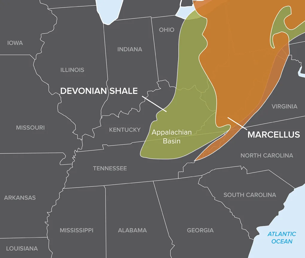 Map showing the Appalachian Basin and surrounding regions highlighting the Devonian Shale and Marcellus gas shale formations in the eastern United States.