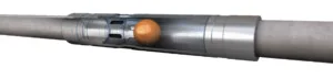 Close-up of a metal automotive or mechanical component with a cylindrical shape and an orange ball bearing inside.