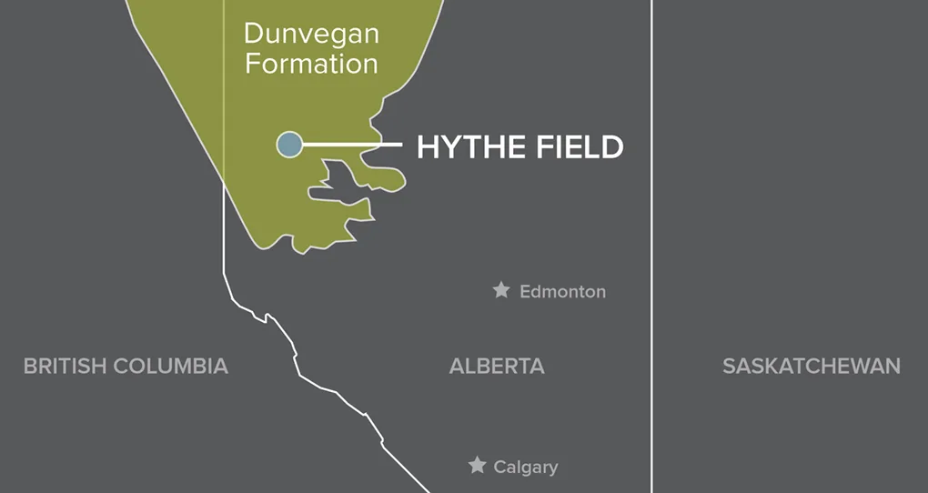 Map showing the location of the Hythe Field within the Dunvegan Formation spanning British Columbia and Alberta, Canada.