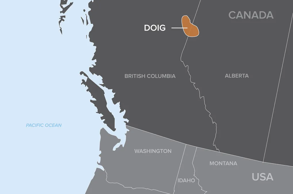 Map highlighting the location of Doig in northeastern British Columbia, Canada, near the Alberta border.