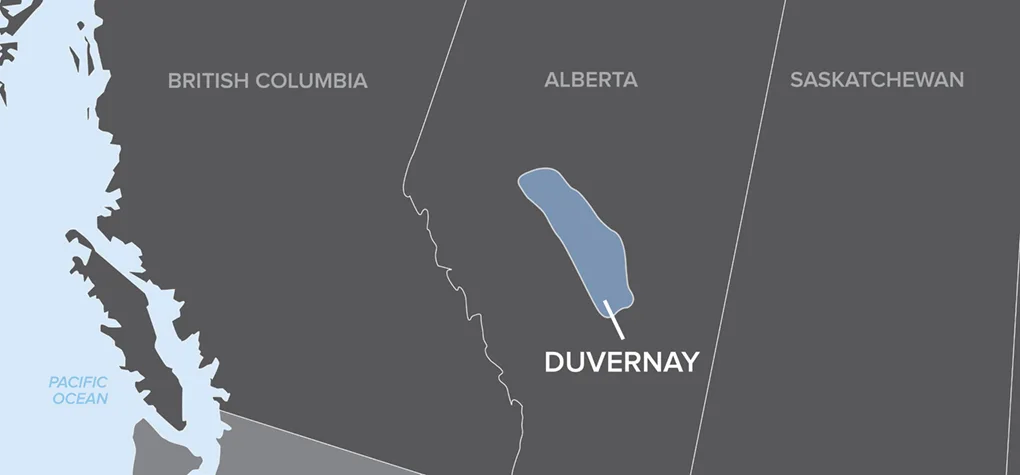 Map highlighting Duvernay within the provinces of British Columbia, Alberta, and Saskatchewan in Canada.