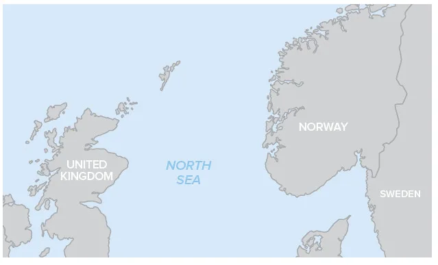 Map showing the North Sea bordered by the United Kingdom, Norway, Denmark, and Sweden.