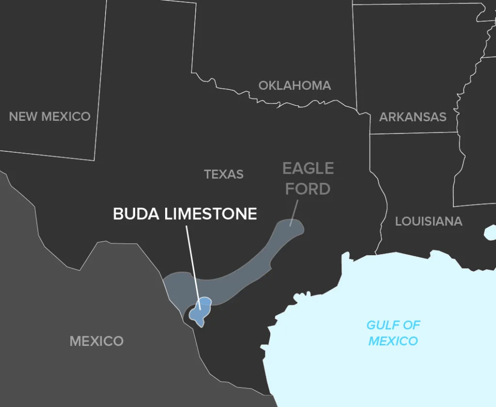 Map highlighting the Buda Limestone formation in southern Texas and the Eagle Ford formation spanning Texas and adjacent states near the Gulf of Mexico.