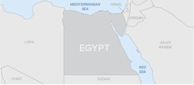 Map highlighting Egypt and its surrounding countries including Libya, Sudan, and Saudi Arabia, bordering the Mediterranean Sea and the Red Sea.