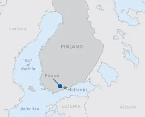 Map showing the location of Espoo near Helsinki in southern Finland, bordered by the Gulf of Finland and nearby countries.