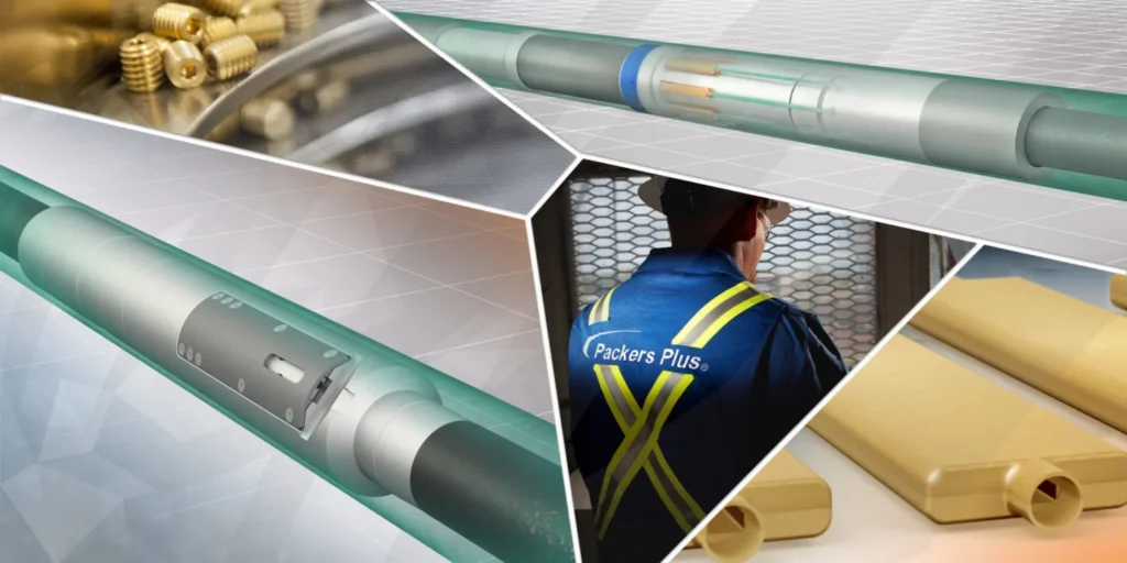 Composite image showing a close-up of a high-tech drilling tool, industrial equipment, and a worker in protective gear at an oil drilling site.