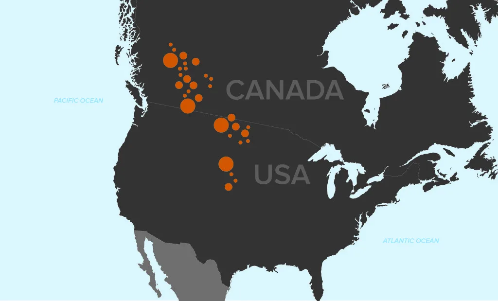 Map of North America highlighting several marked locations in the western USA and Canada with orange dots.