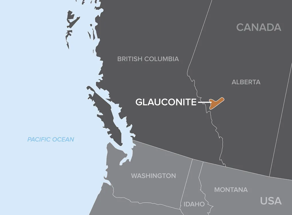 Map highlighting the location of Glauconite in Alberta, Canada, near the border with British Columbia and the USA.