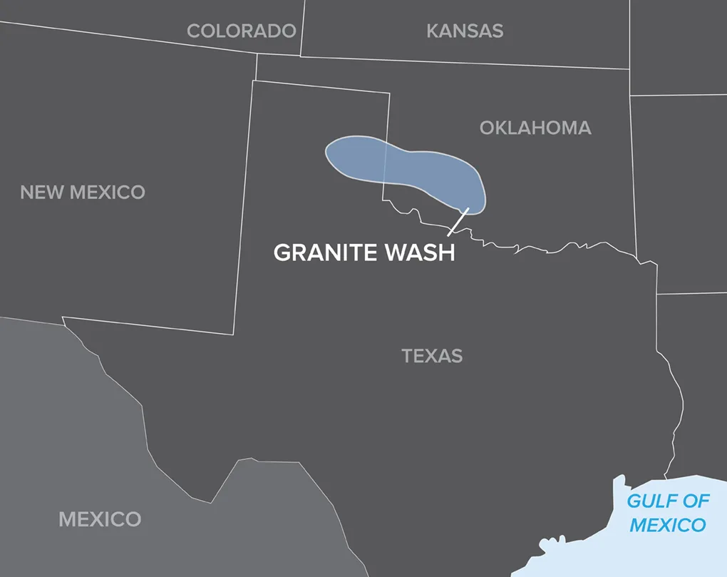 Map showing the Granite Wash oil and gas play spanning parts of Oklahoma and Texas in the United States.