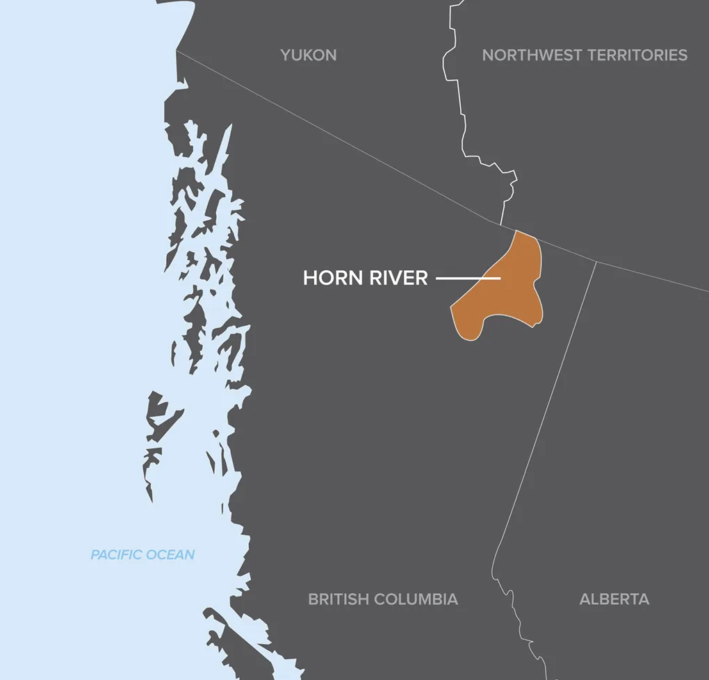 Map highlighting the Horn River area in northeastern British Columbia, Canada, near the border with Northwest Territories and Alberta.