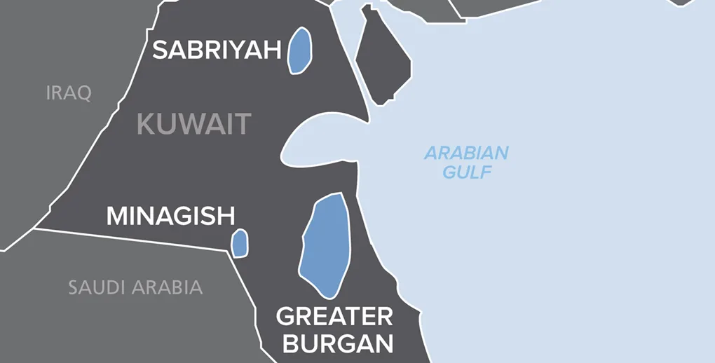 Map showing the locations of Sabriyah, Minagish, and Greater Burgan oil fields near Kuwait and Saudi Arabia along the Arabian Gulf coast.