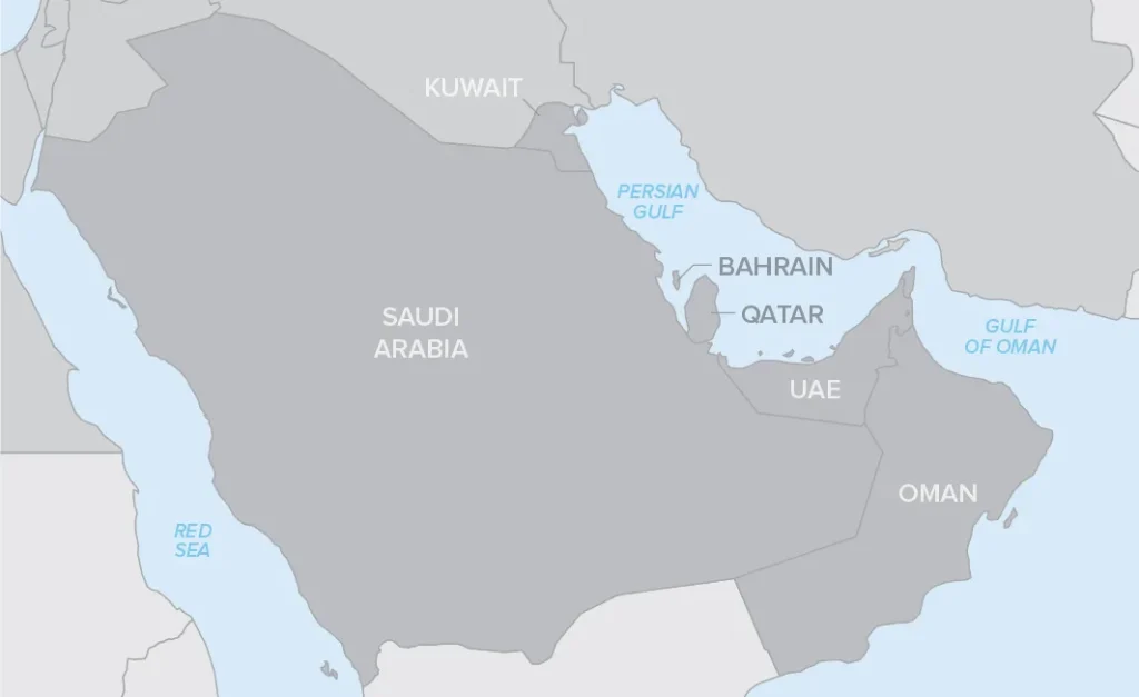 Map highlighting countries in the Arabian Peninsula, including Saudi Arabia, Yemen, Oman, UAE, Qatar, Bahrain, and Kuwait.
