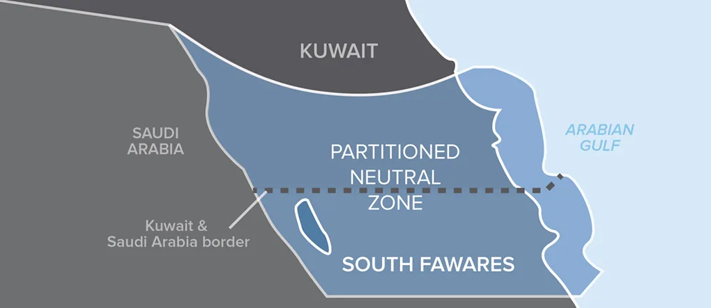 Map showing the Partitioned Neutral Zone between Kuwait, Saudi Arabia, and the South Awaraes area along the Persian Gulf.