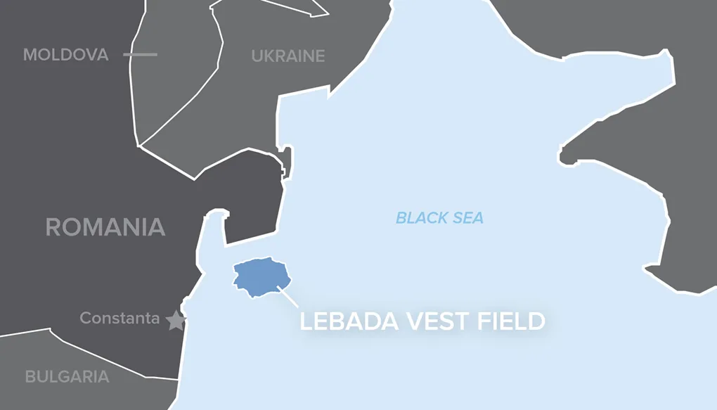 Map showing the location of the Lebada Vest oil field in the Black Sea near Romania's coast.