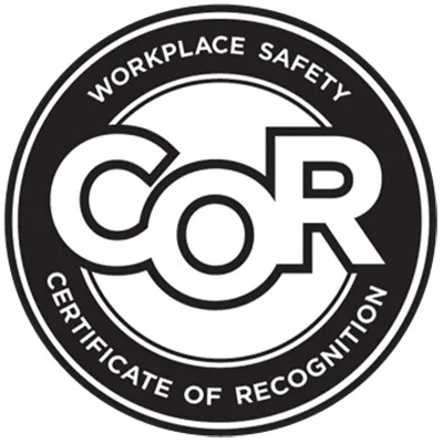 Black and white circular CoR logo with the text "Workplace Safety Certificate of Recognition" around the outer edge.