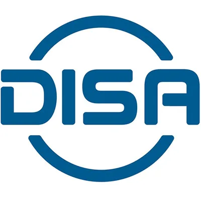 Blue DISA logo with stylized curved lines above and below the text on a white background.