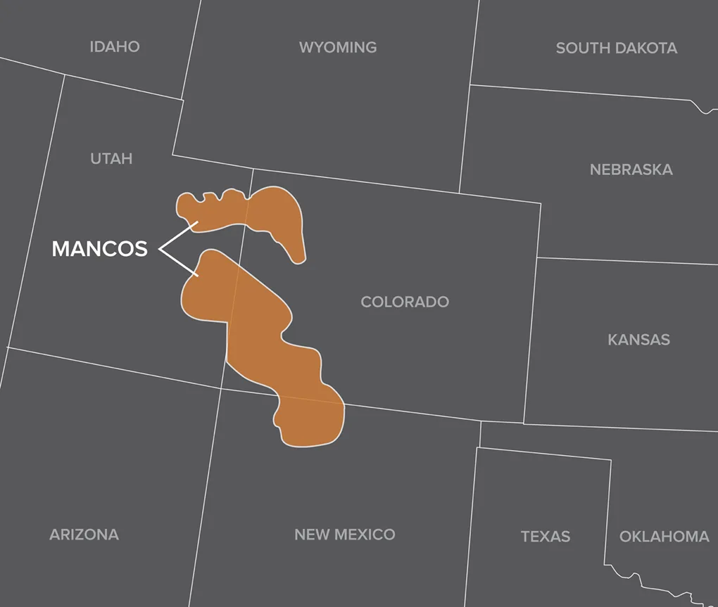 Map highlighting the Mancos region spanning parts of Colorado, Utah, and New Mexico in orange.