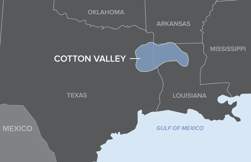 Map highlighting the Cotton Valley geological formation spanning northeastern Texas and western Louisiana near the Gulf of Mexico.