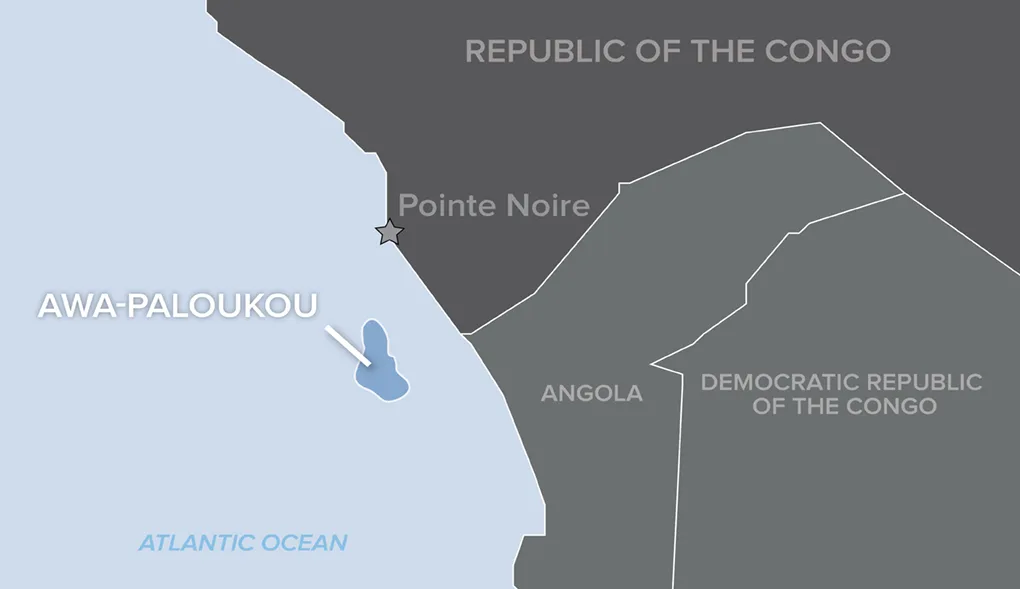 Map highlighting the location of Awapa, Oukou near the Atlantic Ocean, showing neighboring countries including Angola, Republic of the Congo, and Democratic Republic of the Congo.