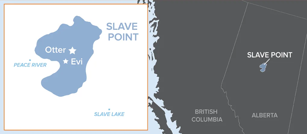 Map highlighting Slave Point and surrounding areas in British Columbia and Alberta, including Otter, Evi, and Peace River.
