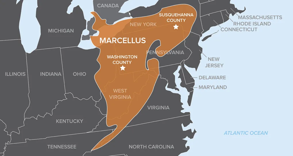 Map highlighting the geographic extent of the Marcellus Shale formation across parts of the northeastern United States.
