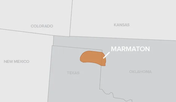 Map highlighting the Marmaton region spanning parts of southeastern Colorado and western Oklahoma.