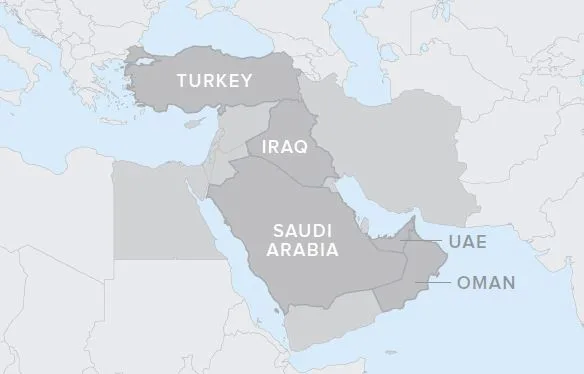 Map highlighting Middle Eastern countries including Turkey, Iraq, Saudi Arabia, UAE, and Oman.