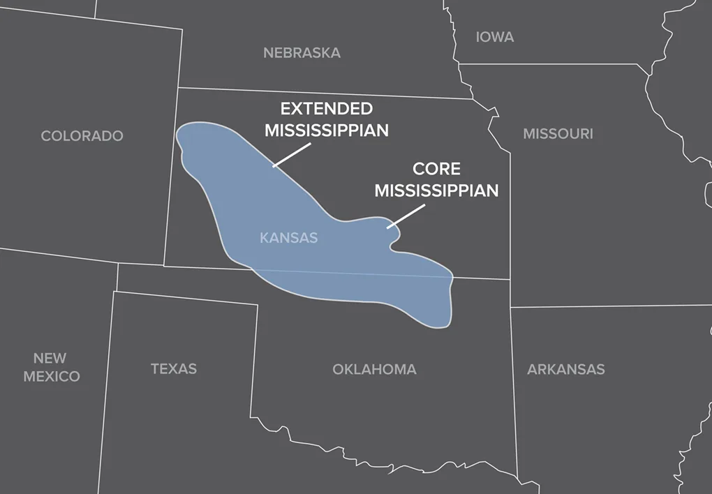Map highlighting the Core Mississippian and Extended Mississippian regions across parts of Kansas, Oklahoma, and Missouri in the central United States.