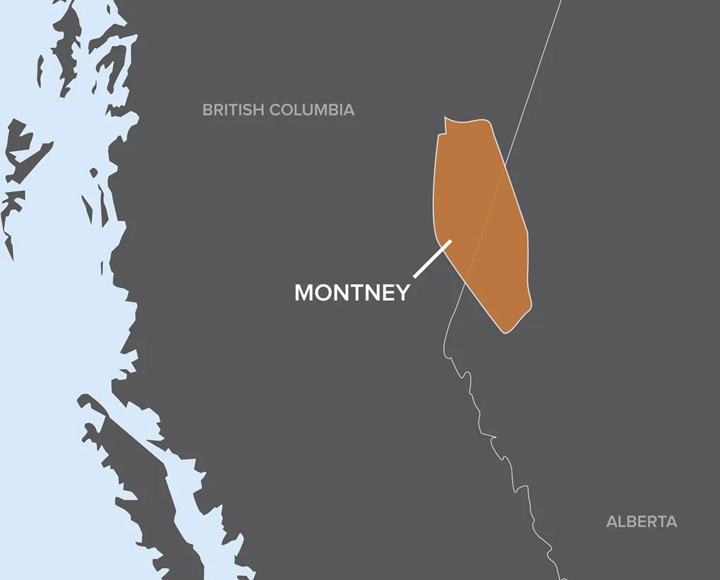 Map highlighting the Montney region spanning northeastern British Columbia and northwestern Alberta in Canada.